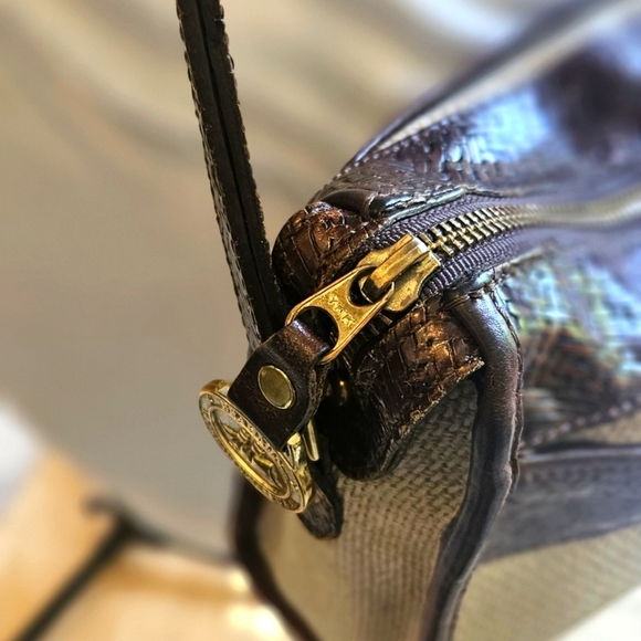 Brahmin Dark Brown Pattern Leather & Beige Woven Fabric Shoulder/ Crossbody Bag - Picture 4 of 10